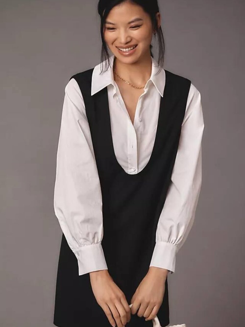 Maeve | Twofer Pinafore Long Sleeve Mini Dress Academia Preppy Gothic Chic MP